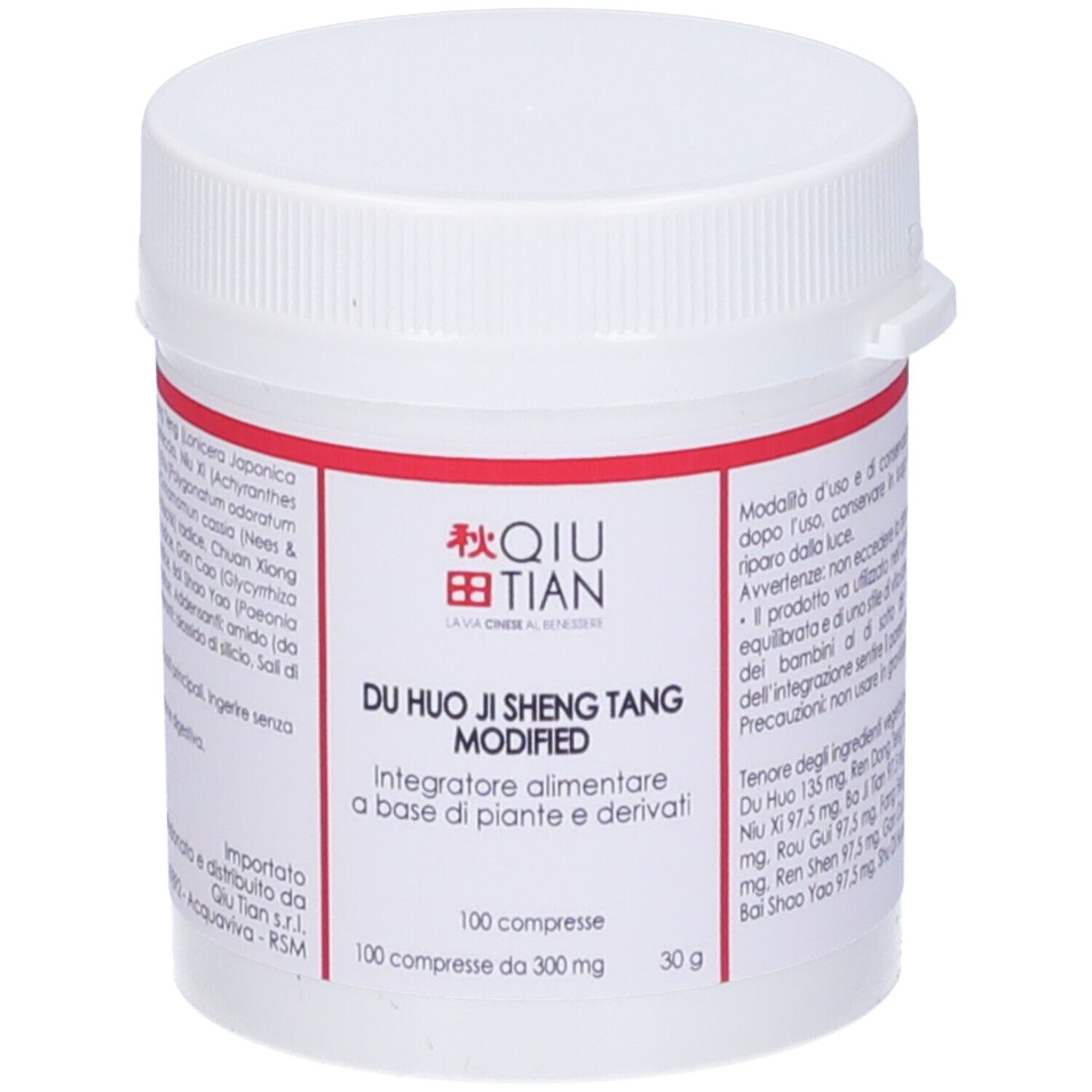 Flacone bianco con etichetta rossa. Scritta: QIU TIAN, DU HUO JI SHENG TANG MODIFIED. 100 compresse.
