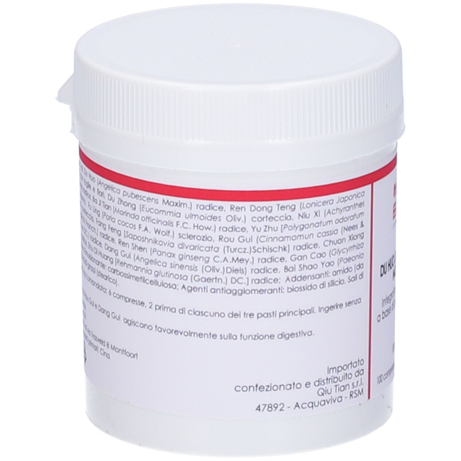 Flacone bianco con etichetta rossa. Scritta: QIU TIAN, DU HUO JI SHENG TANG MODIFIED. Elenco ingredienti.