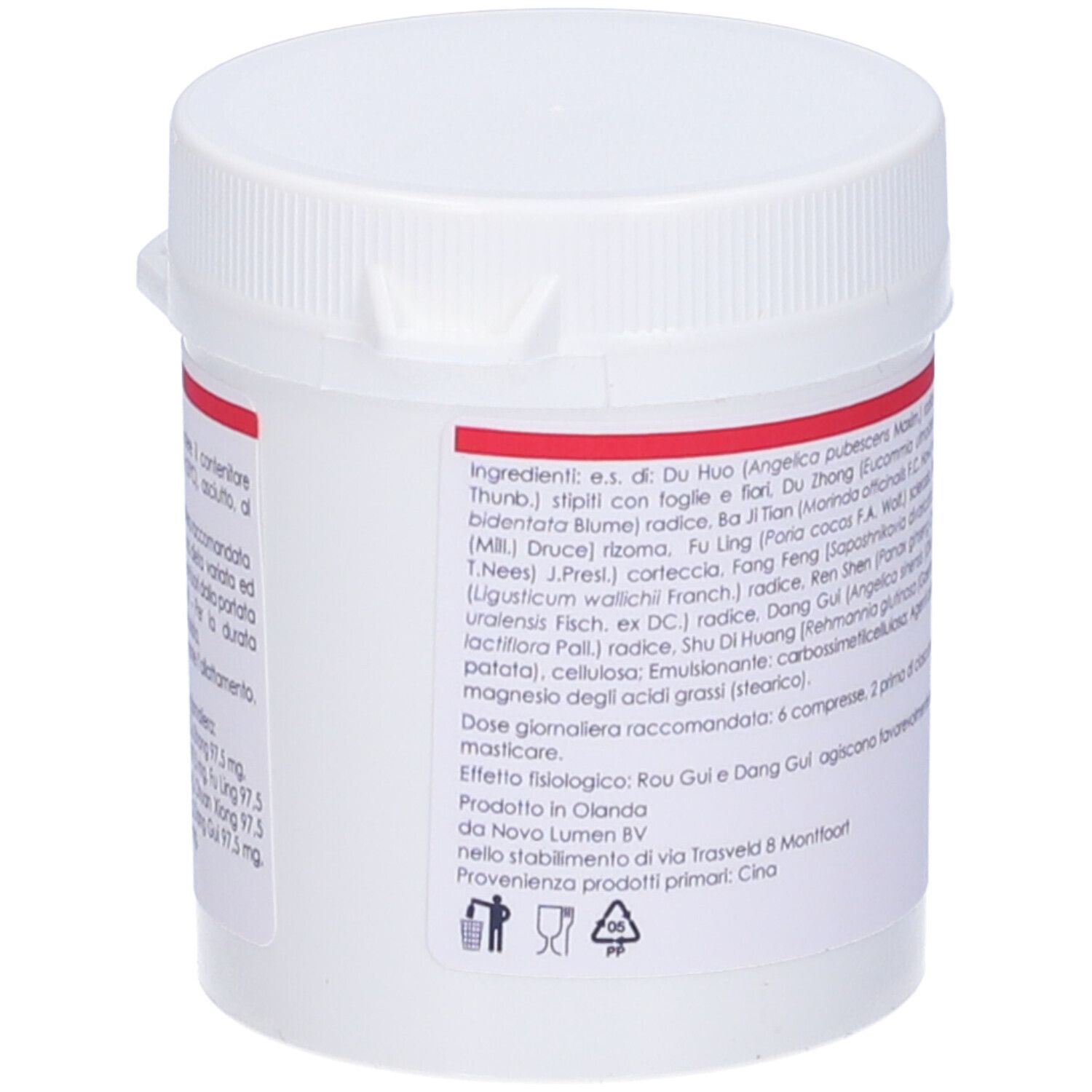 Flacone bianco con etichetta rossa. Scritta: QIU TIAN, DU HUO JI SHENG TANG MODIFIED. Elenco ingredienti.