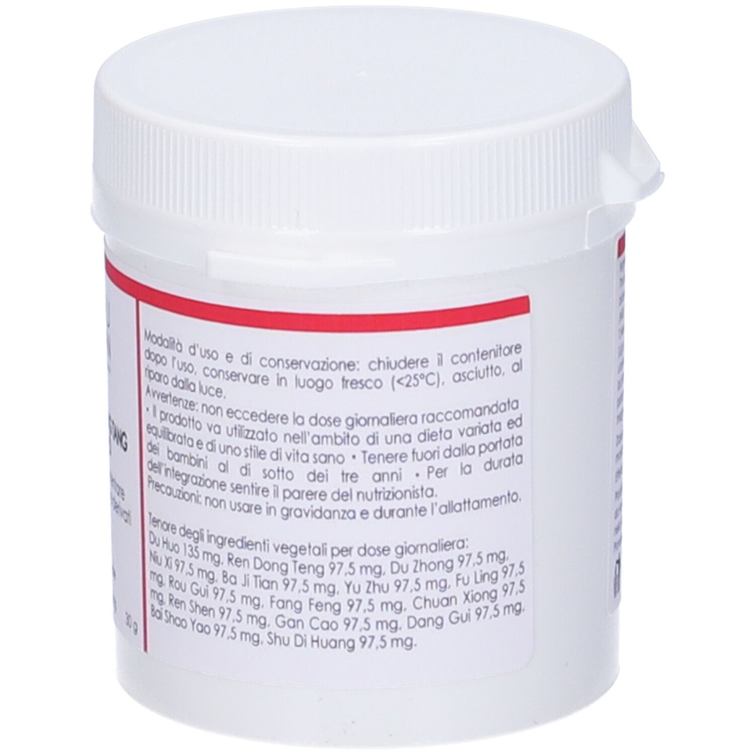 Flacone bianco con etichetta rossa. Scritta: QIU TIAN, DU HUO JI SHENG TANG MODIFIED. Dosaggio.