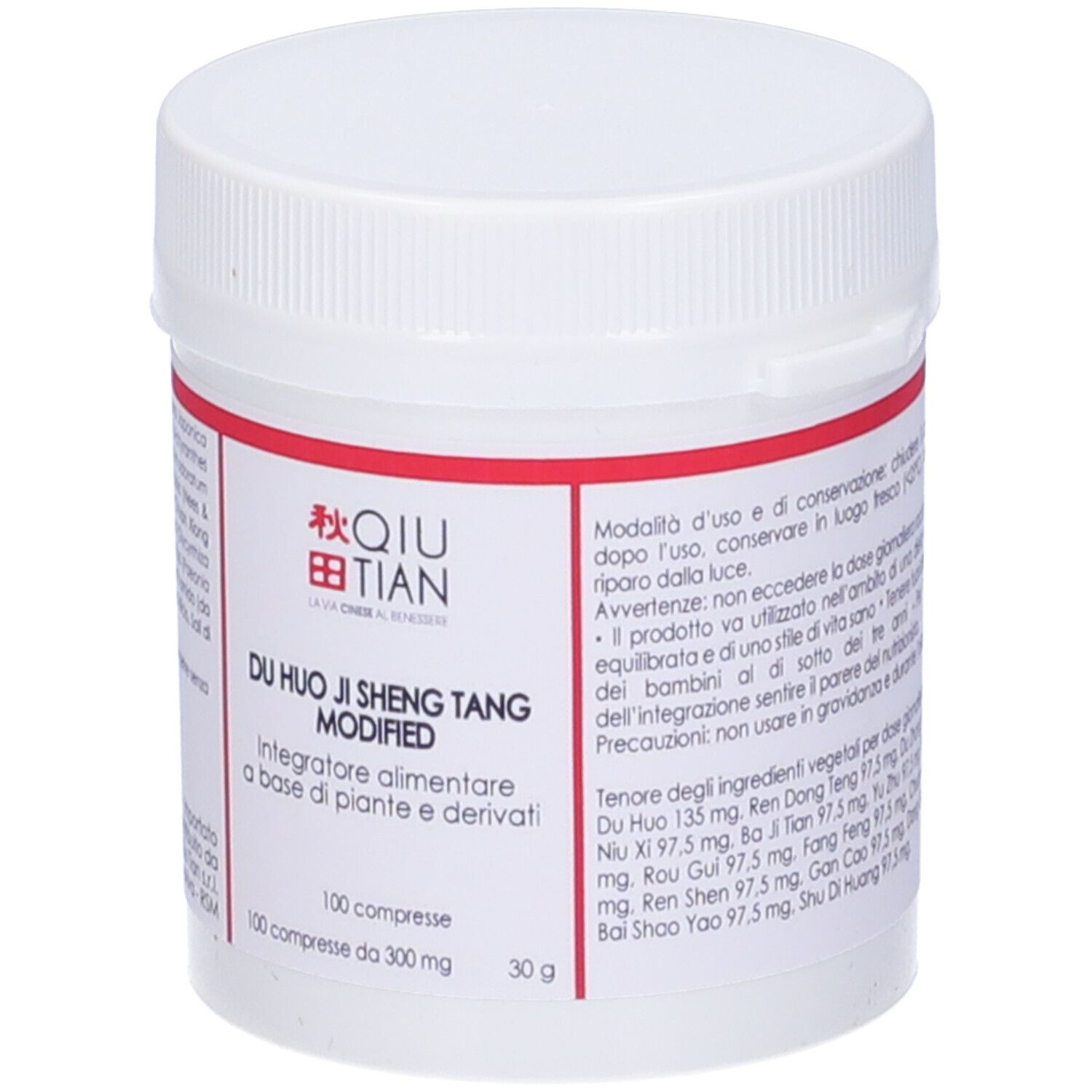 Flacone bianco con etichetta rossa. Scritta: QIU TIAN, DU HUO JI SHENG TANG MODIFIED. Dosaggio.