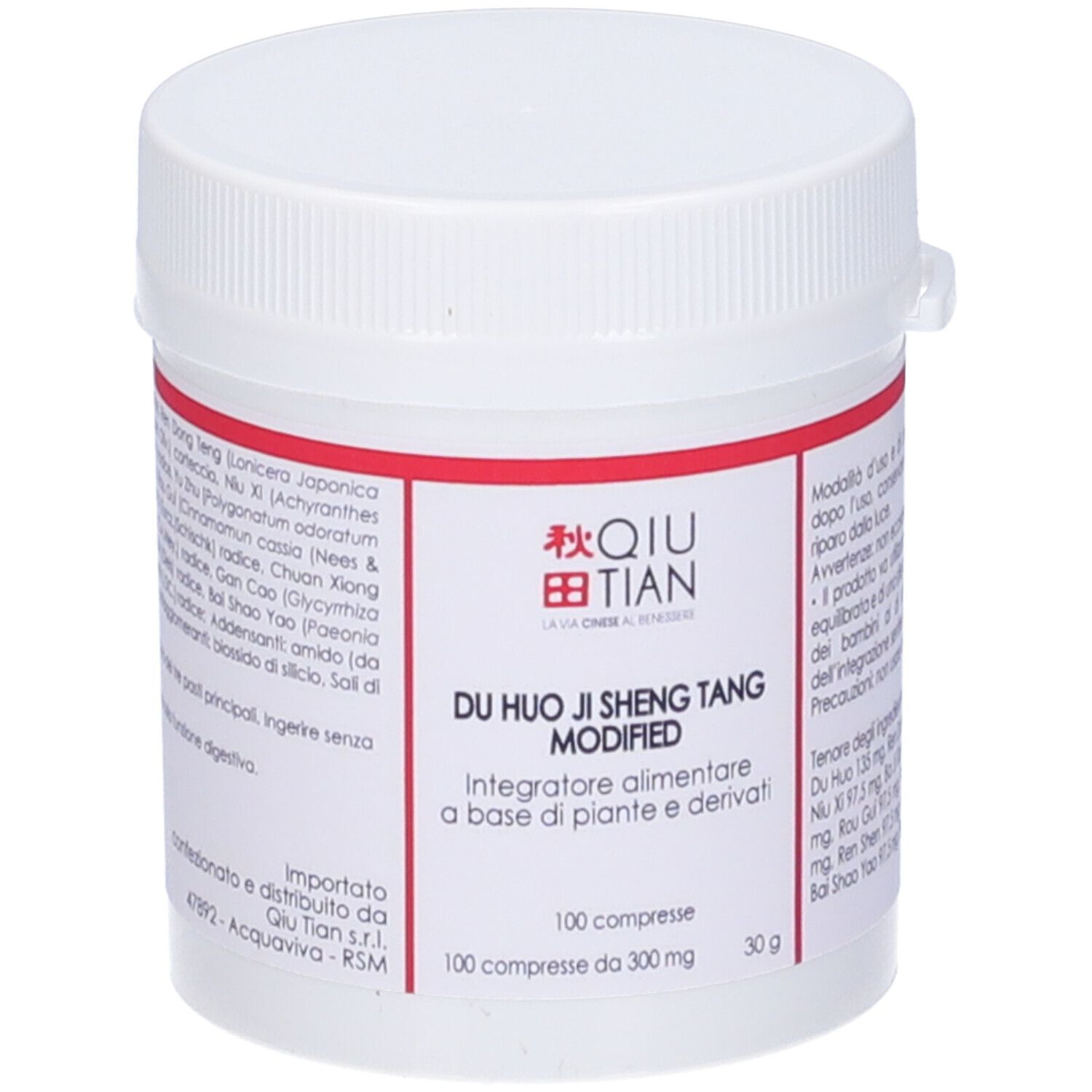 Flacone bianco con etichetta rossa. Scritta: QIU TIAN, DU HUO JI SHENG TANG MODIFIED. 100 compresse.