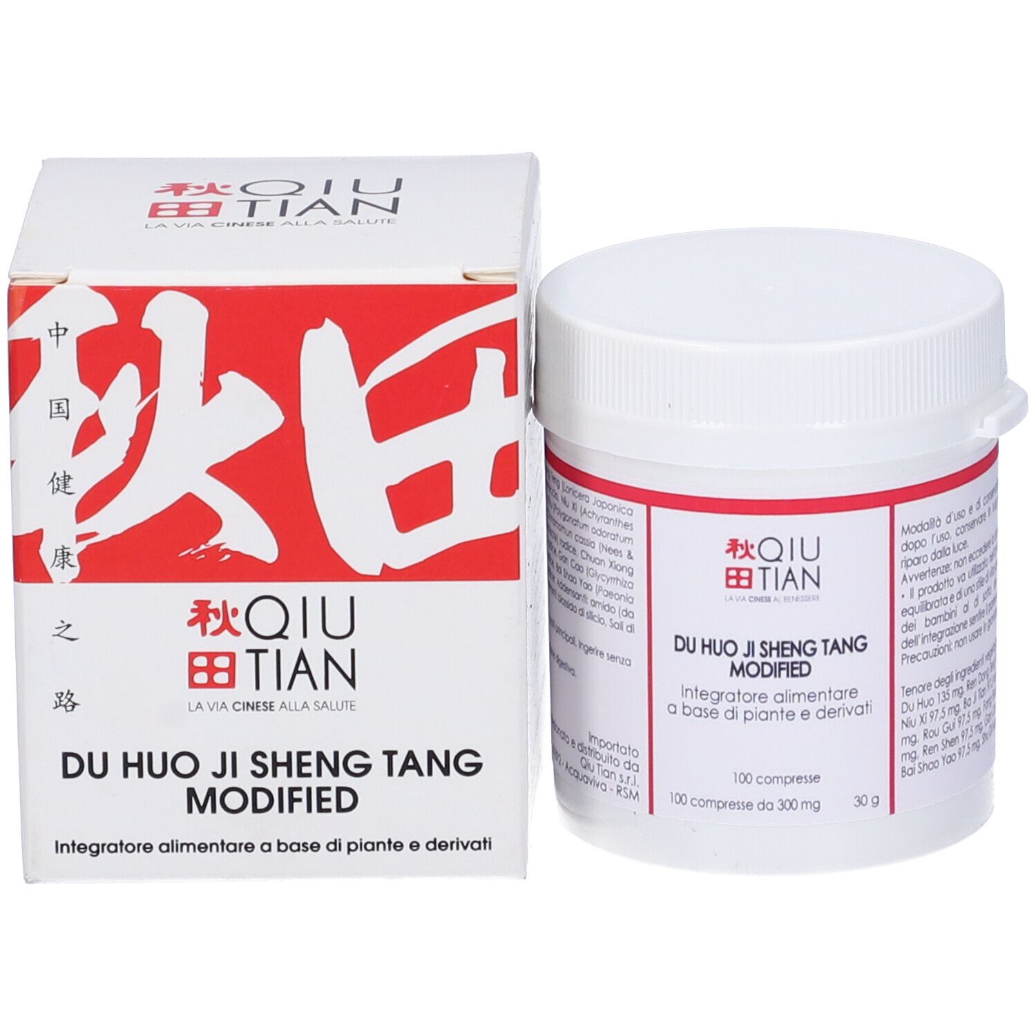Flacone e scatola bianchi. Scritta: QIU TIAN, DU HUO JI SHENG TANG MODIFIED. 100 compresse.