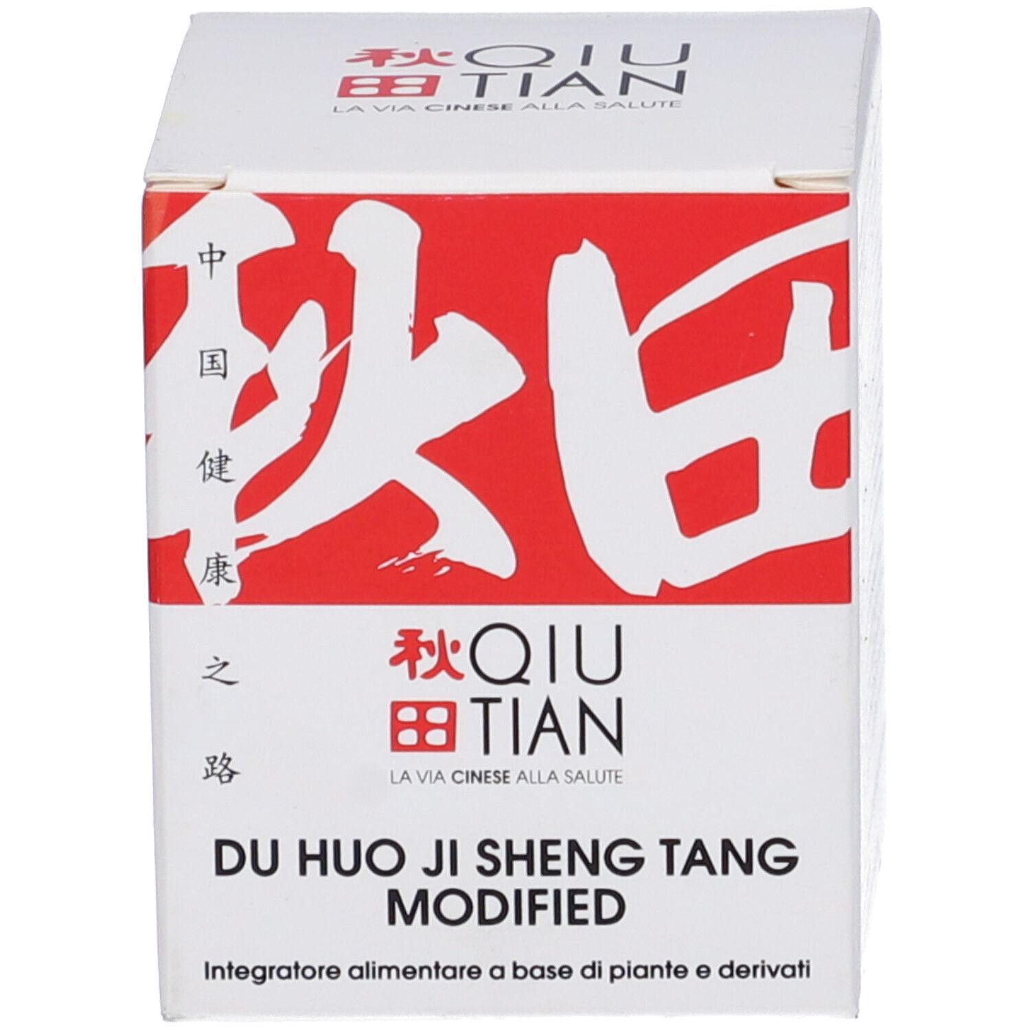 Scatola con scritta: QIU TIAN, DU HUO JI SHENG TANG MODIFIED. Sfondo rosso, scritta bianca.