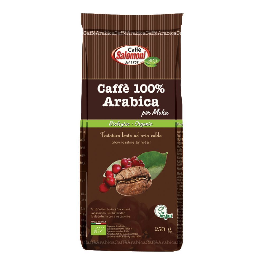 Confezione di caffè Caffe' 100% Arabica. Certificazione biologica. Immagine di chicco di caffè e bacche.