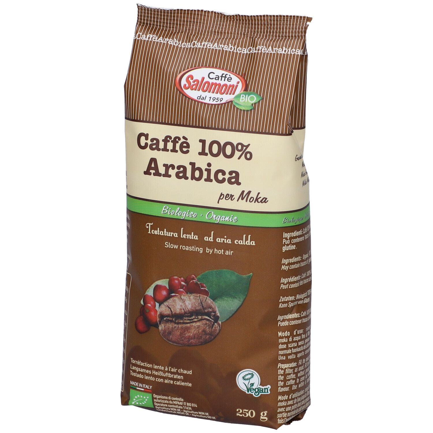 Confezione di caffè Caffe' 100% Arabica. Certificazione biologica. Immagine di chicco di caffè e bacche.