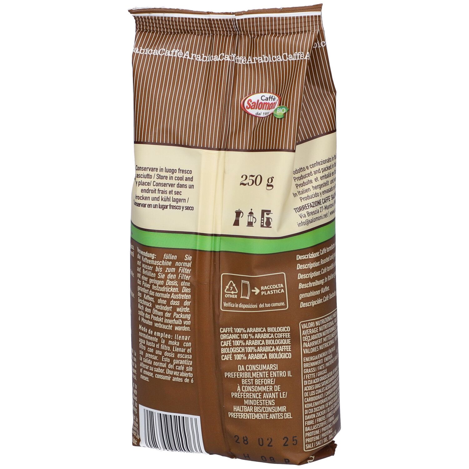 Confezione di caffè, retro. Testo: Caffe' 100% Arabica. Informazioni di conservazione e durata.