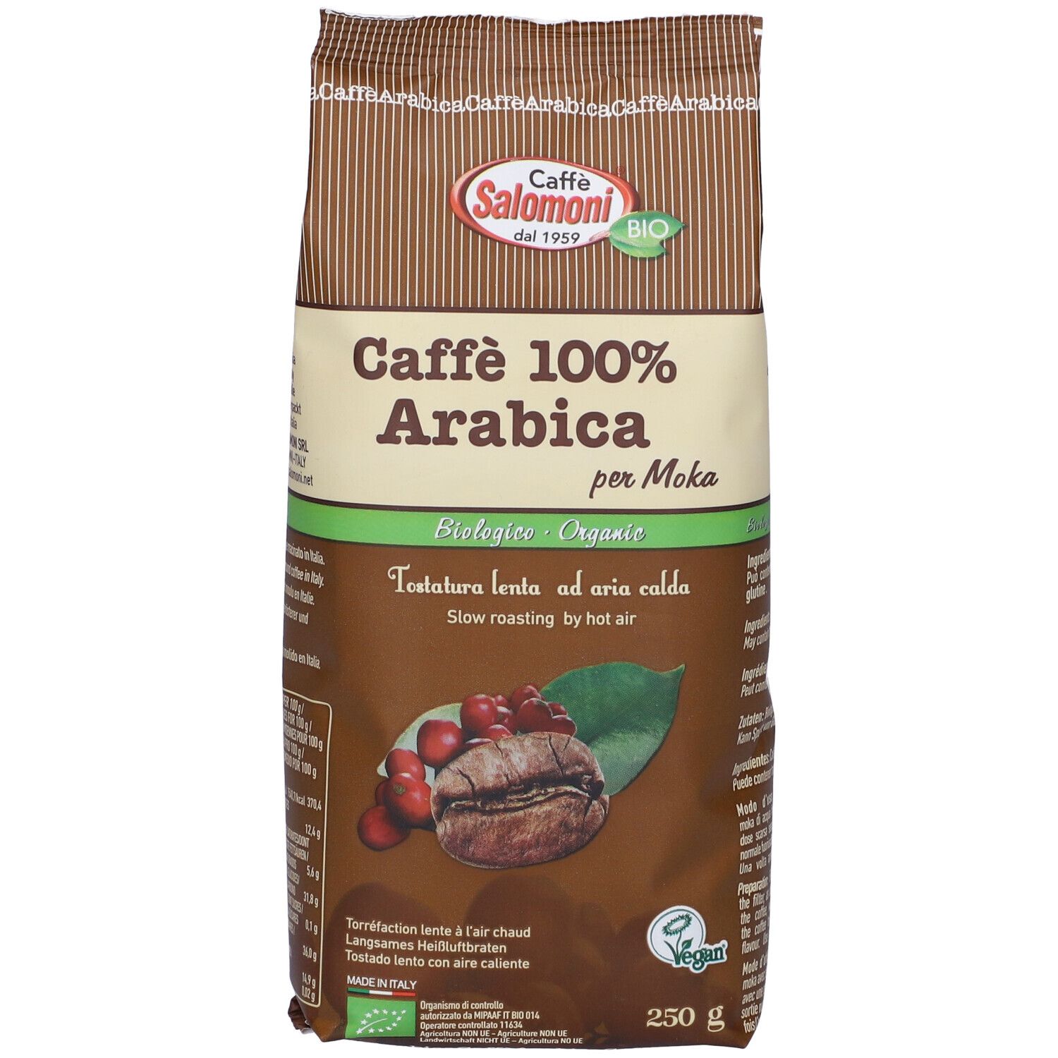 Confezione di caffè Caffe' 100% Arabica. Certificazione biologica. Immagine di chicco di caffè e bacche.