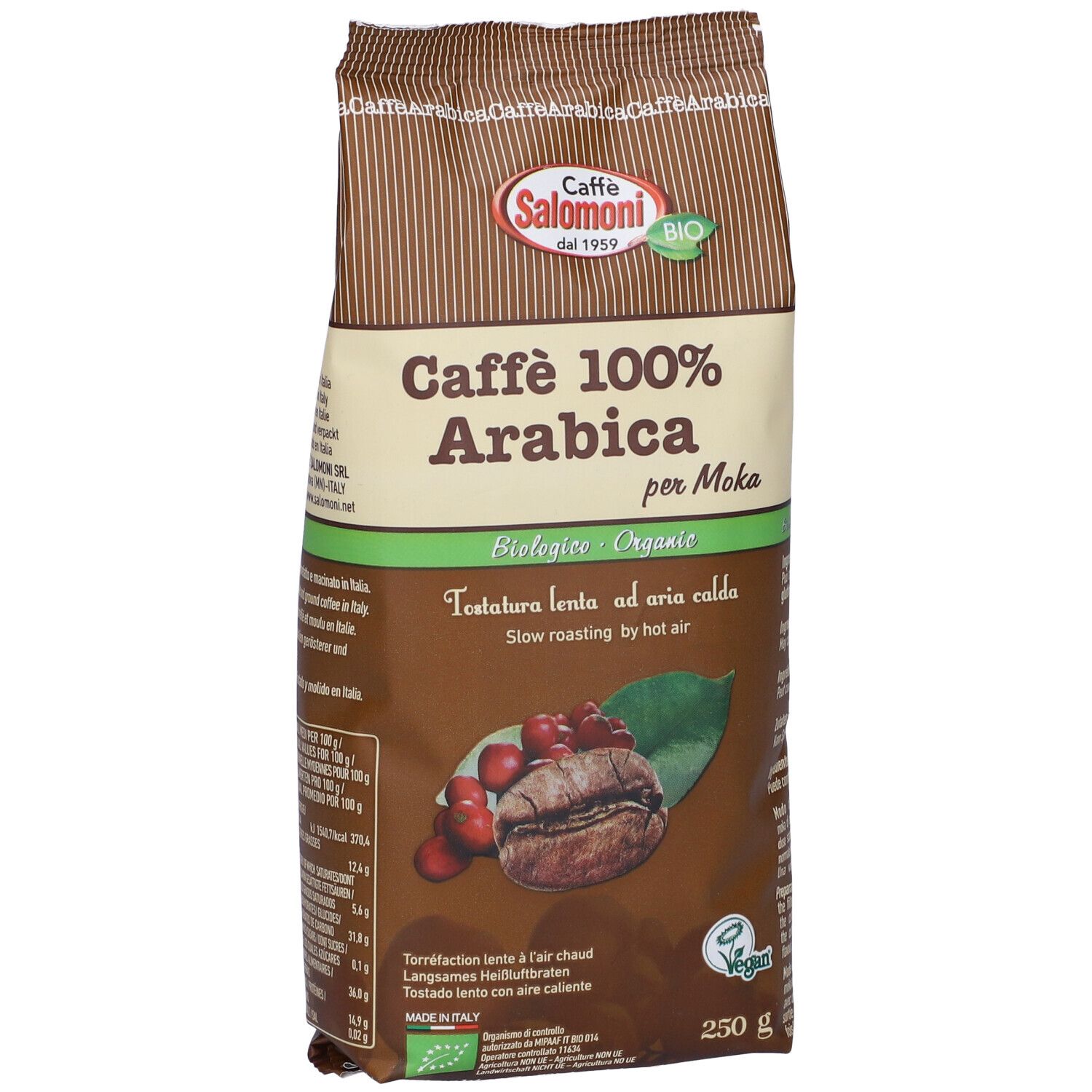Confezione di caffè Caffe' 100% Arabica. Certificazione biologica. Immagine di chicco di caffè e bacche.