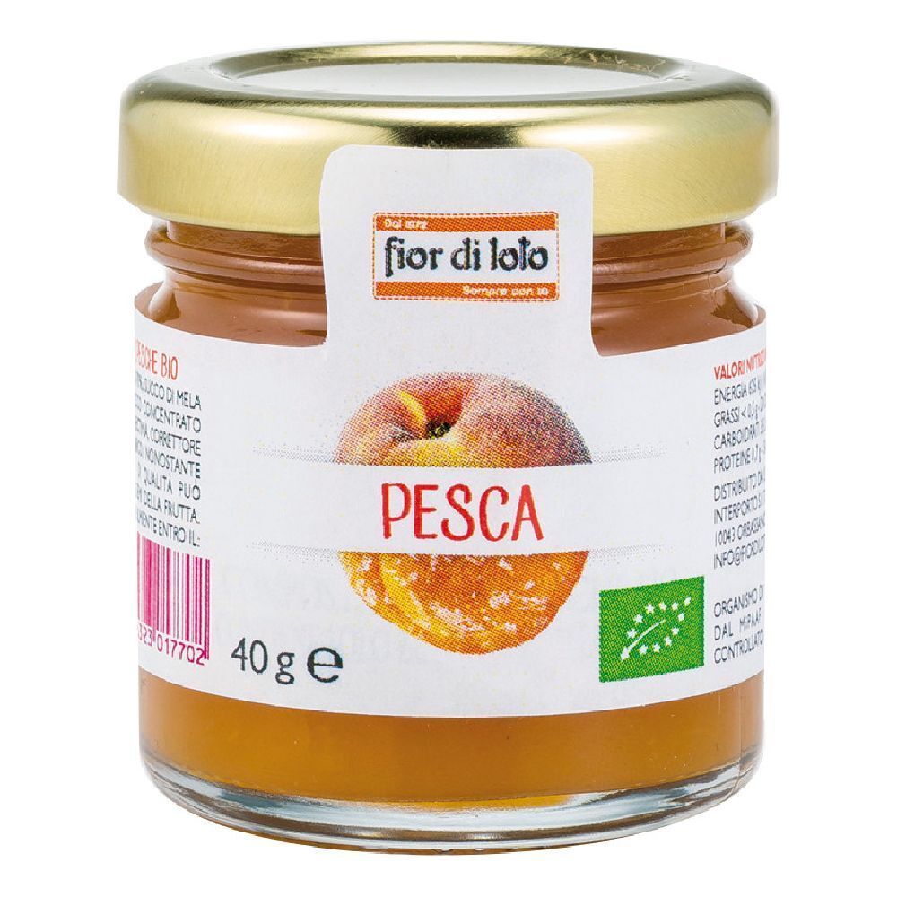 Vasetto di confettura di pesche. Etichetta "fior di loto" e "Pesca". Sigillo bio. 40g.