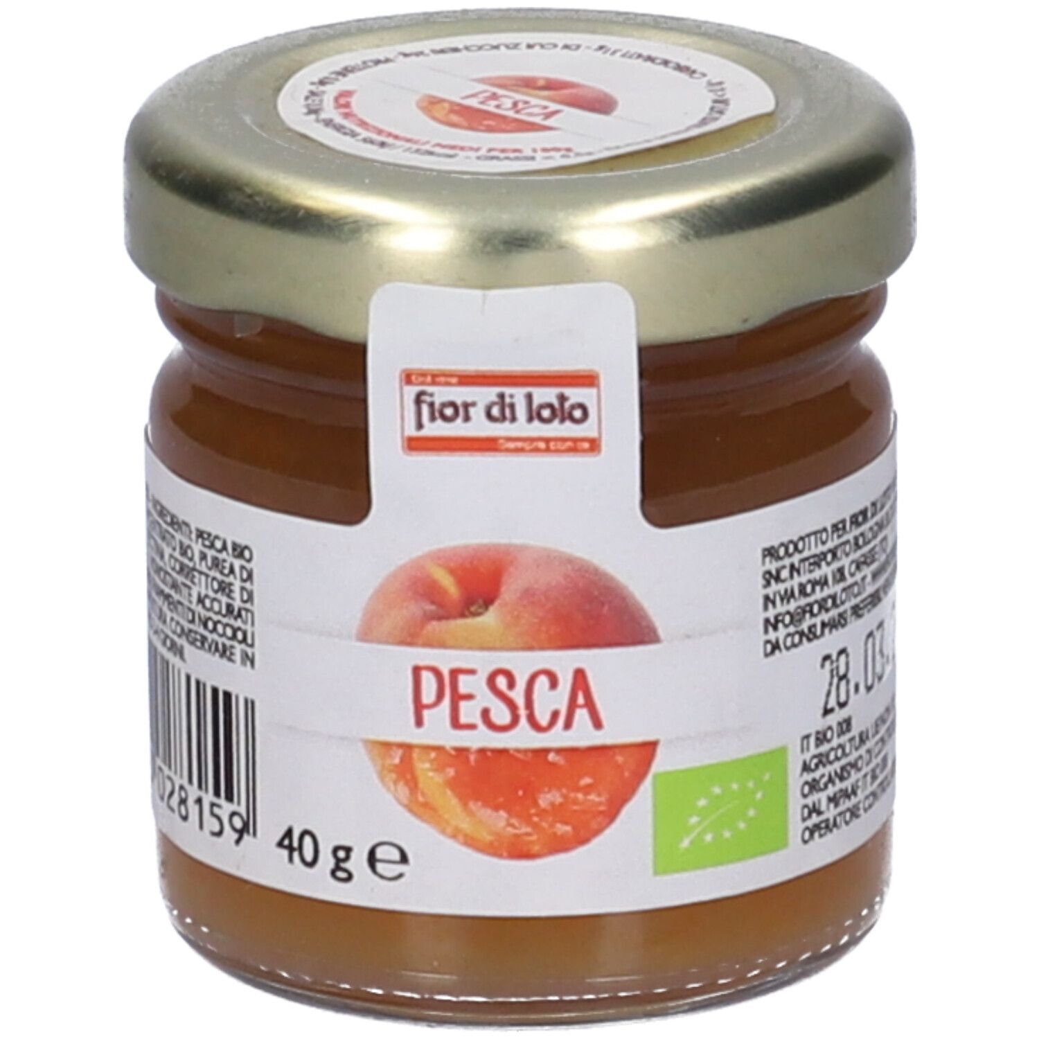 Vasetto di confettura di pesche. Etichetta "fior di loto" e "Pesca". Sigillo bio. 40g. Scadenza.