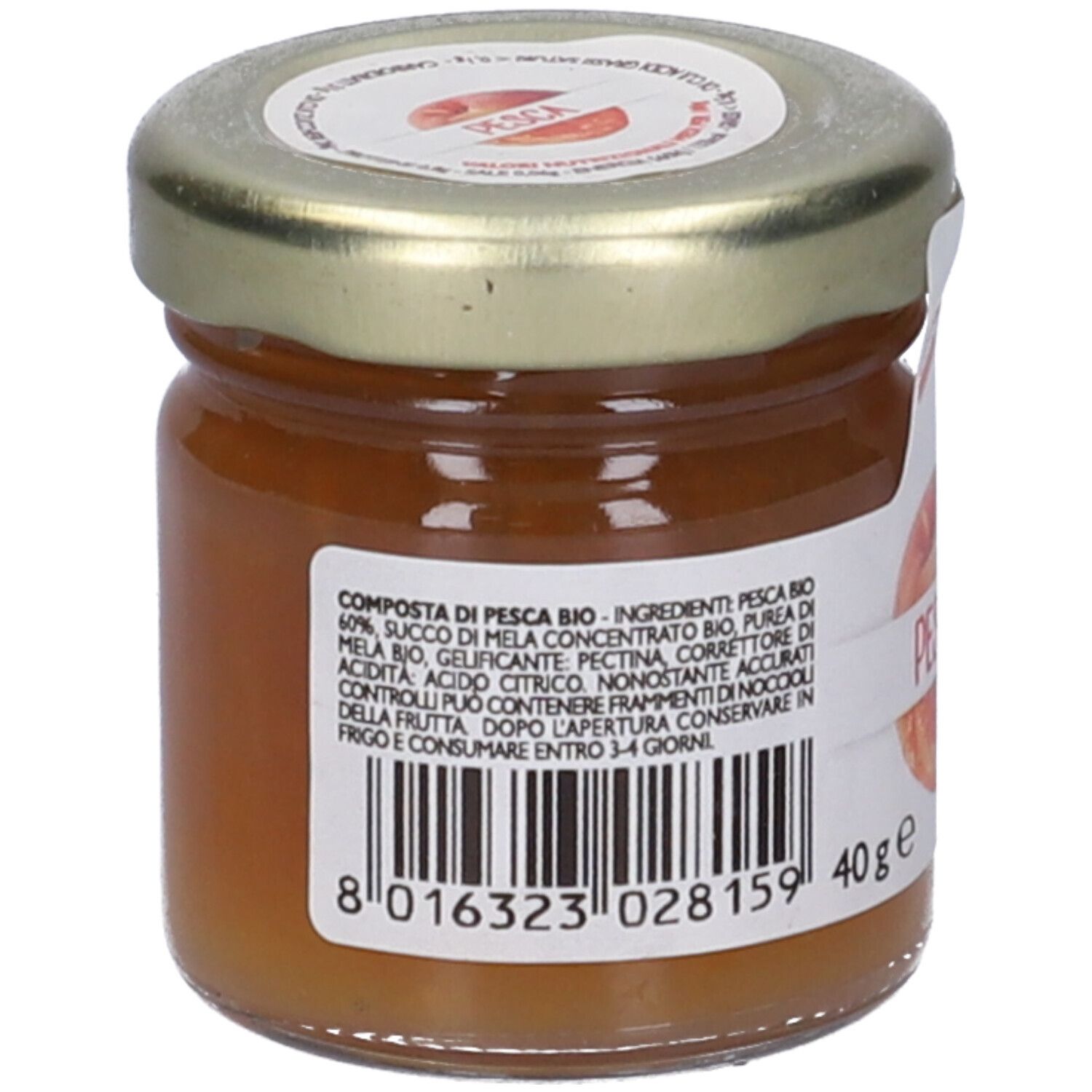 Vasetto di confettura di pesche. Retro con elenco ingredienti e codice a barre. 40g.