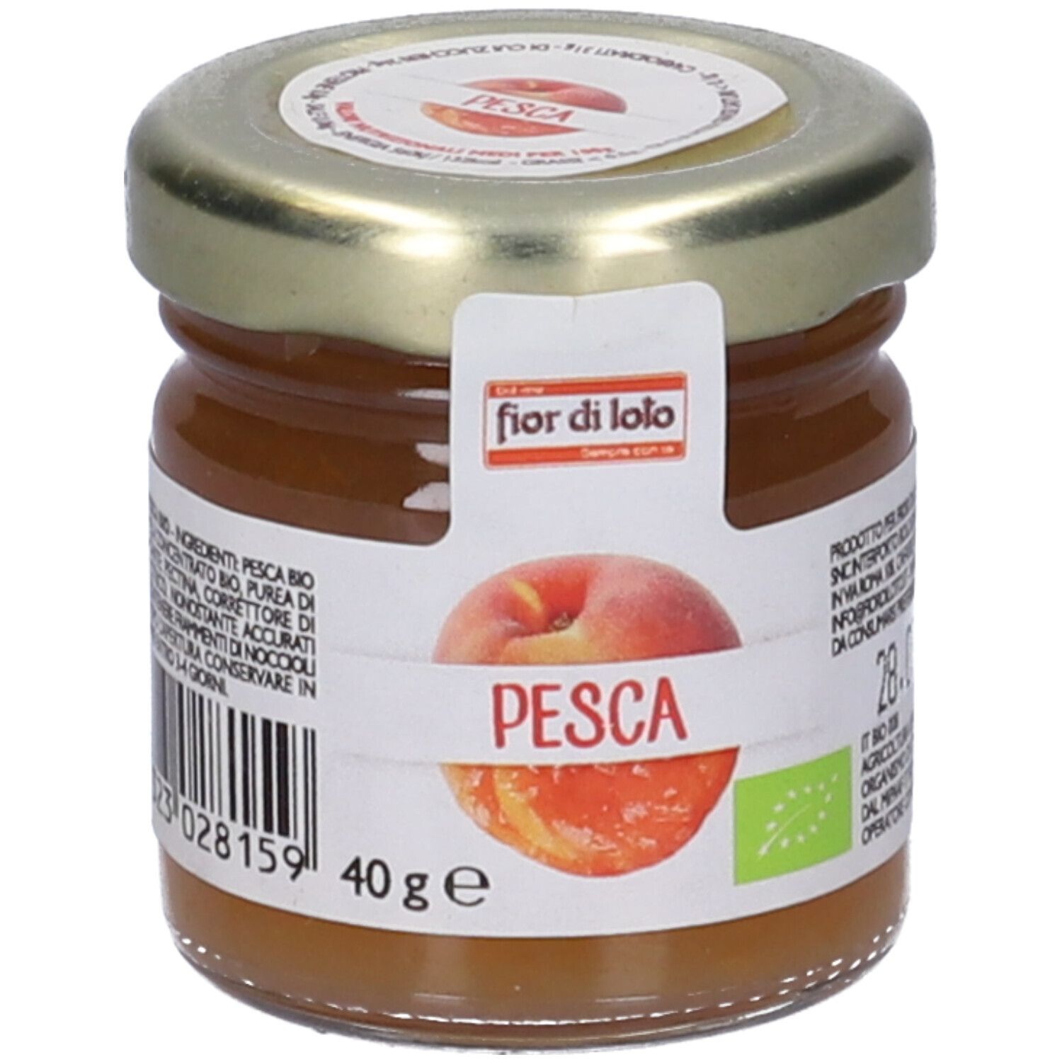 Vasetto di confettura di pesche. Etichetta "fior di loto" e "Pesca". Sigillo bio. 40g. Scadenza.