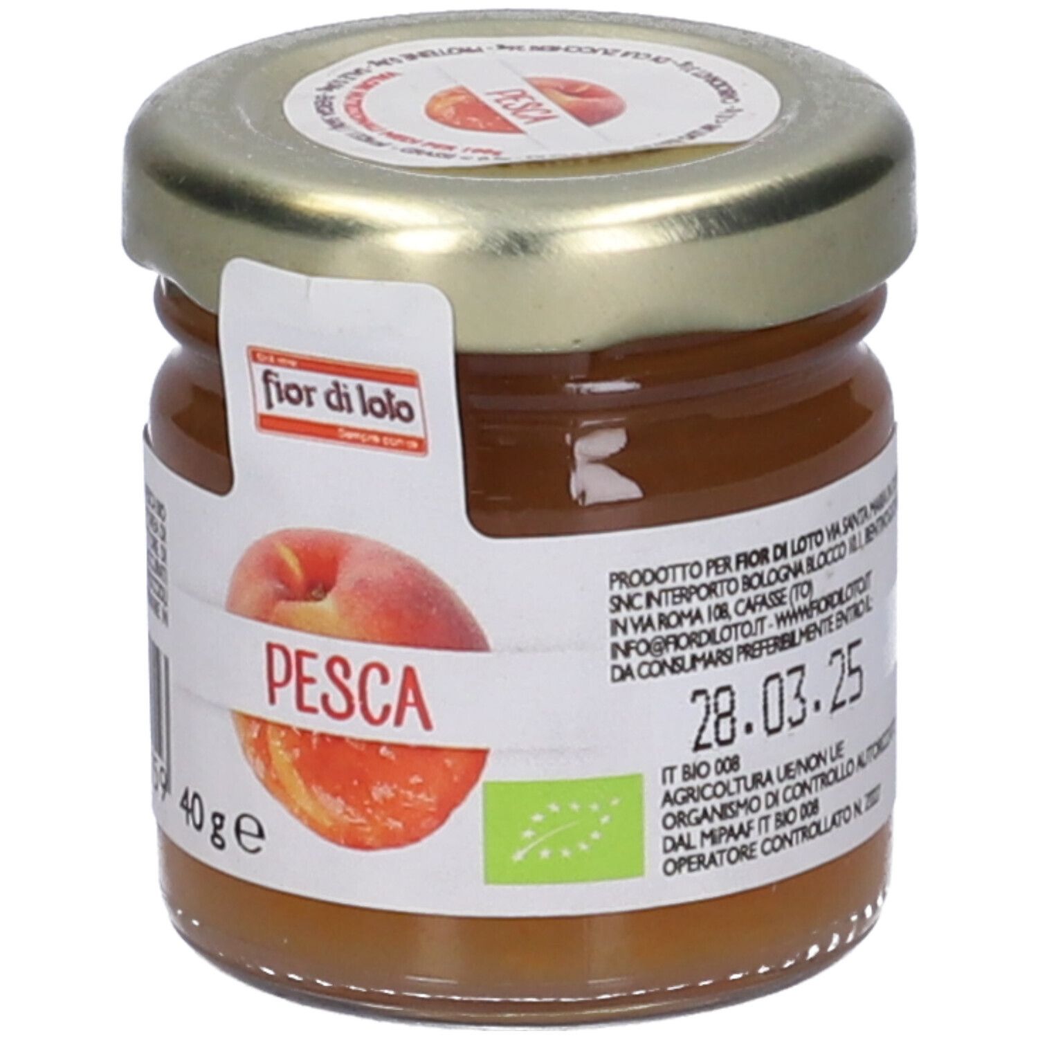 Vasetto di confettura di pesche. Etichetta "fior di loto" e "Pesca". Sigillo bio. 40g. Scadenza.