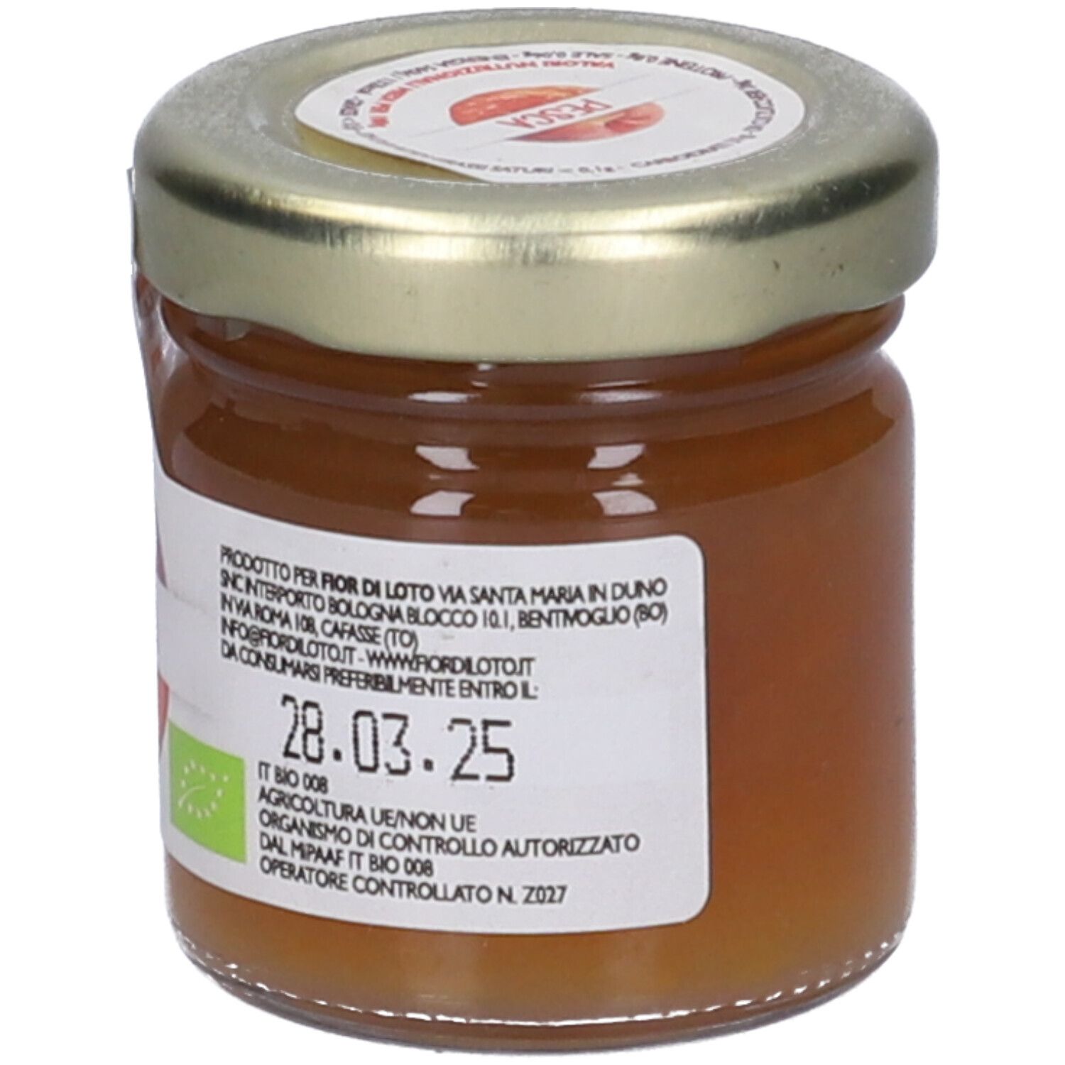 Vasetto di confettura di pesche. Etichetta "fior di loto" e "Pesca". Sigillo bio. 40g. Scadenza.