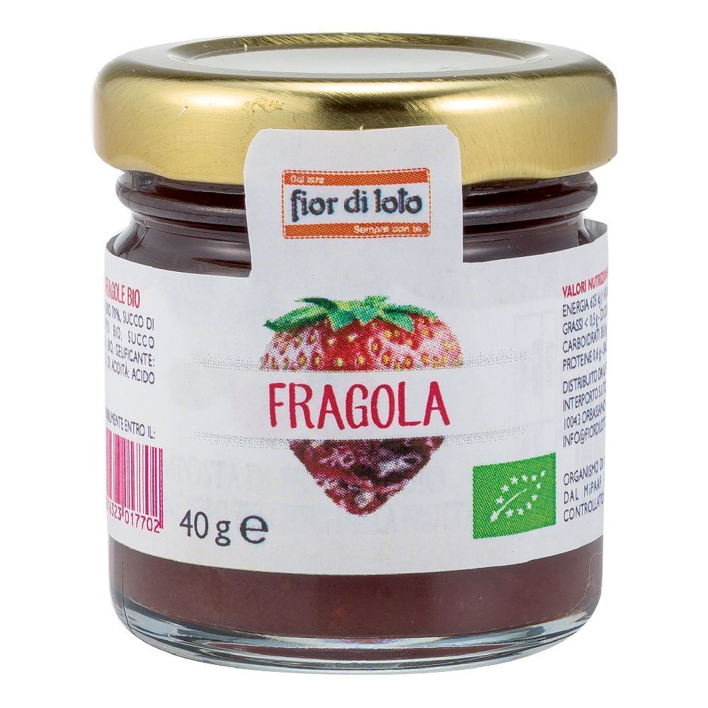 Vasetto di confettura di fragole. Etichetta con illustrazione di fragola e scritta "Fragola". Sigillo bio. 40g.