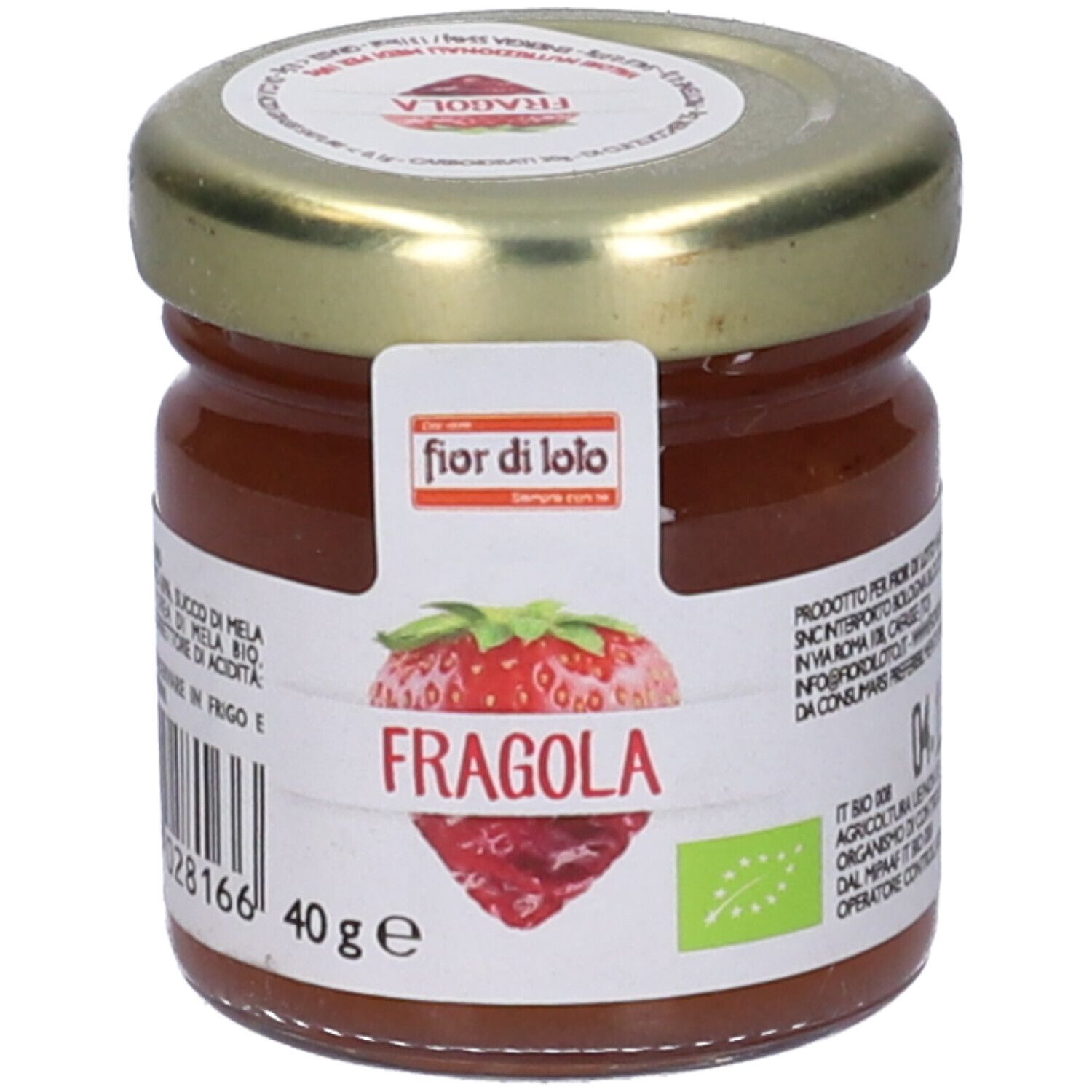 Vasetto di confettura di fragole. Etichetta con illustrazione di fragola e scritta "Fragola". Sigillo bio. 40g.