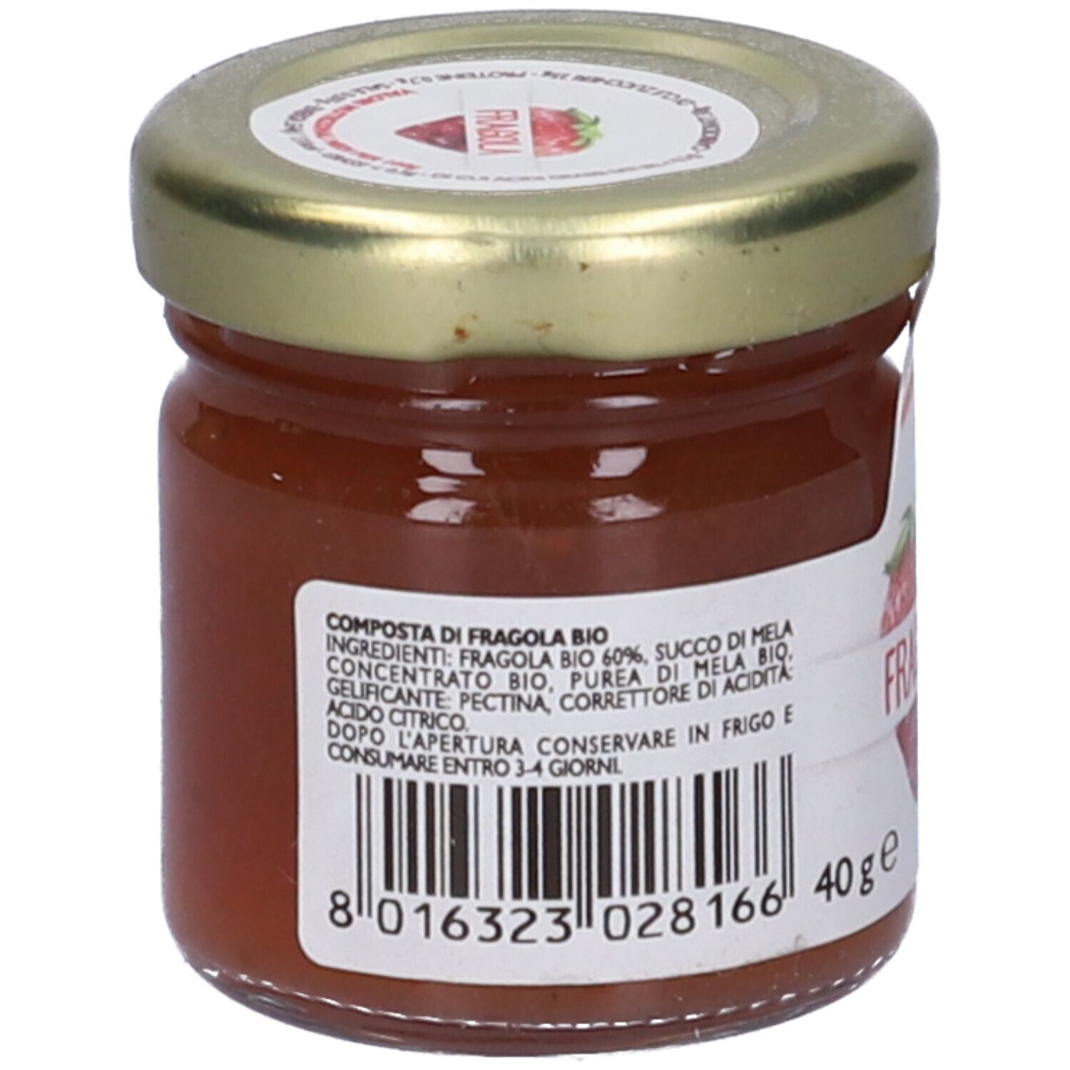 Vasetto di confettura di fragole. Retro con elenco ingredienti e codice a barre. 40g. Sigillo bio.
