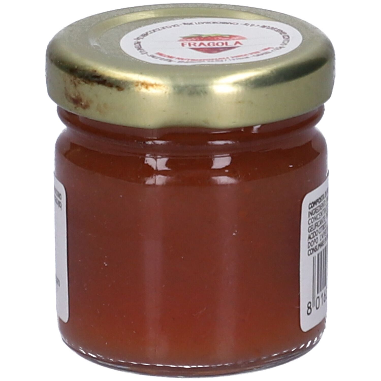 Vasetto di confettura di fragole. Coperchio con illustrazione di fragola. Etichetta con elenco ingredienti e codice a barre.