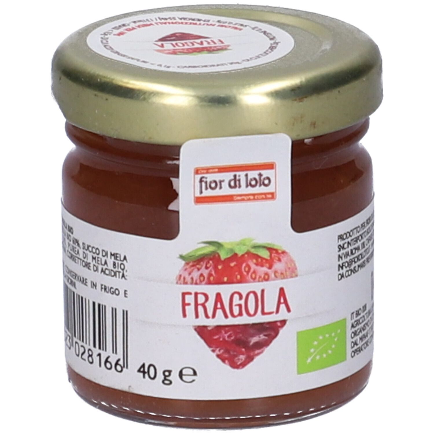 Vasetto di confettura di fragole. Etichetta con illustrazione di fragola e scritta "Fragola". Sigillo bio. 40g.
