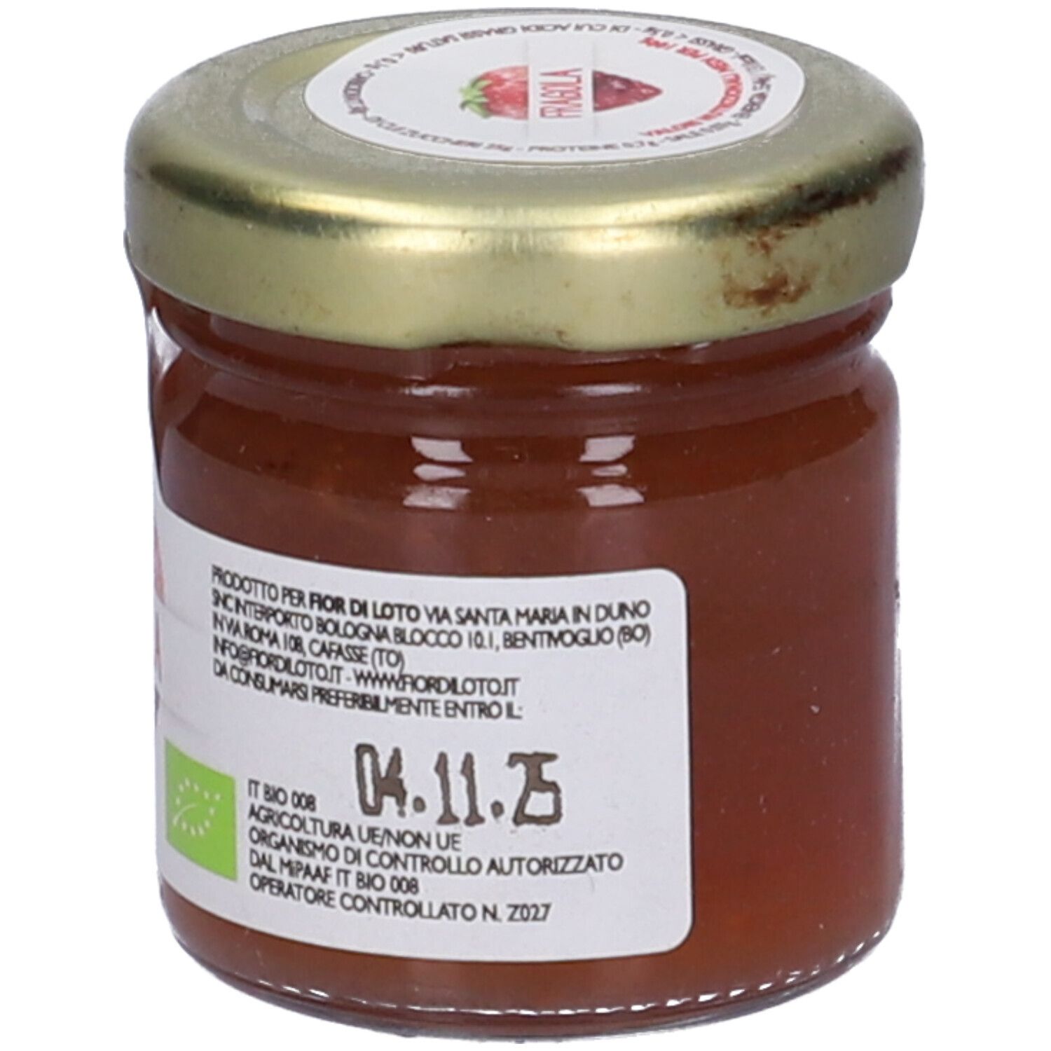 Vasetto di confettura di fragole. Etichetta con scadenza e sigillo bio. Informazioni testuali.