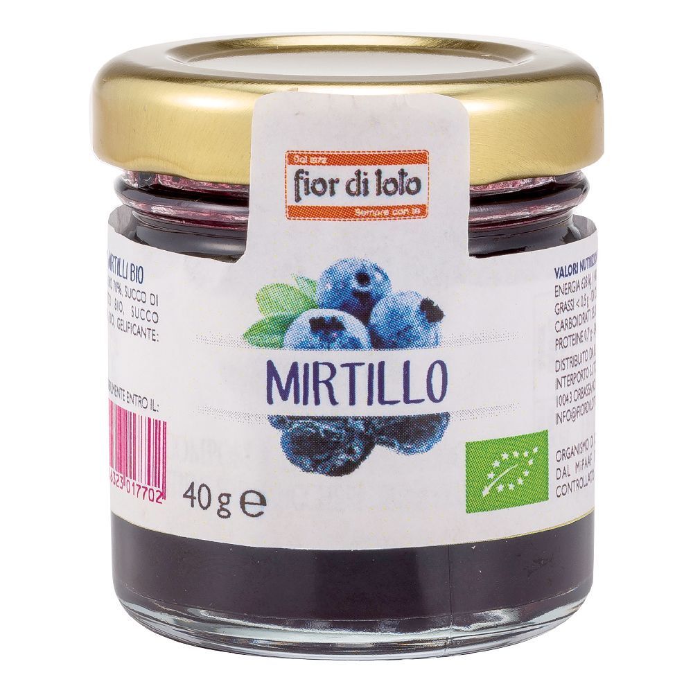 Vasetto di confettura di mirtilli. Etichetta con nome e logo del prodotto. 40g. Certificazione bio.