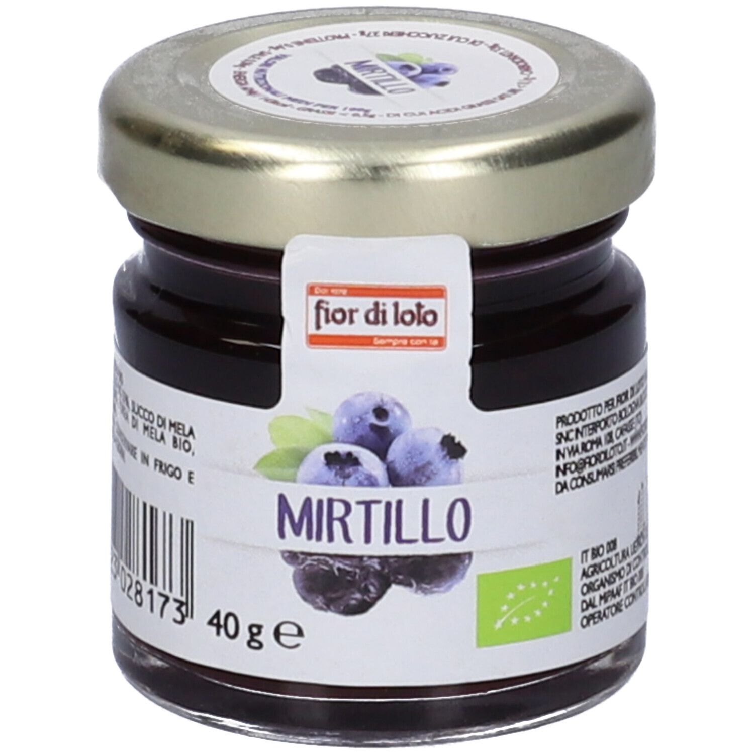 Vasetto di confettura di mirtilli. Etichetta con nome, logo e 40g. Certificazione bio.