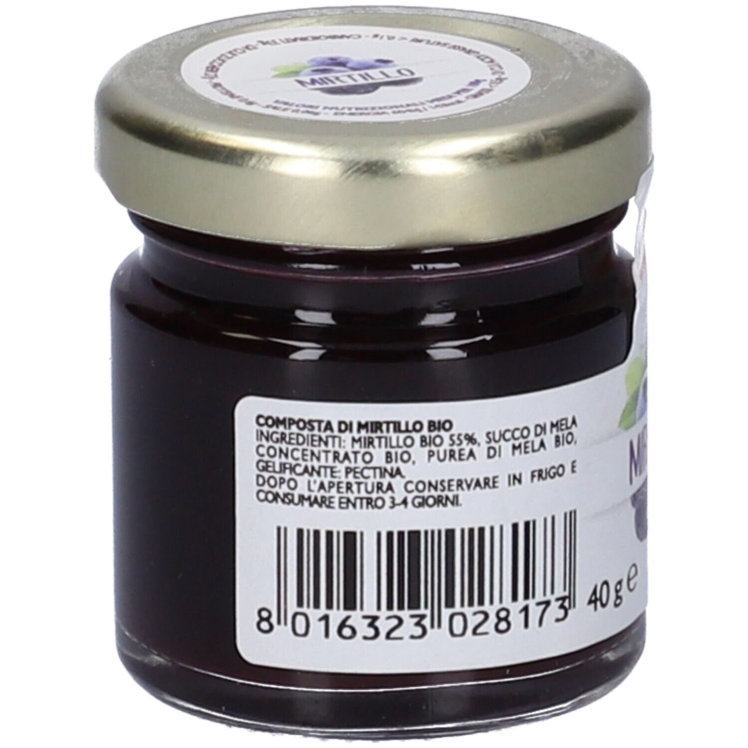 Vasetto di confettura di mirtilli. Retro con elenco ingredienti e 40g. Certificazione bio.