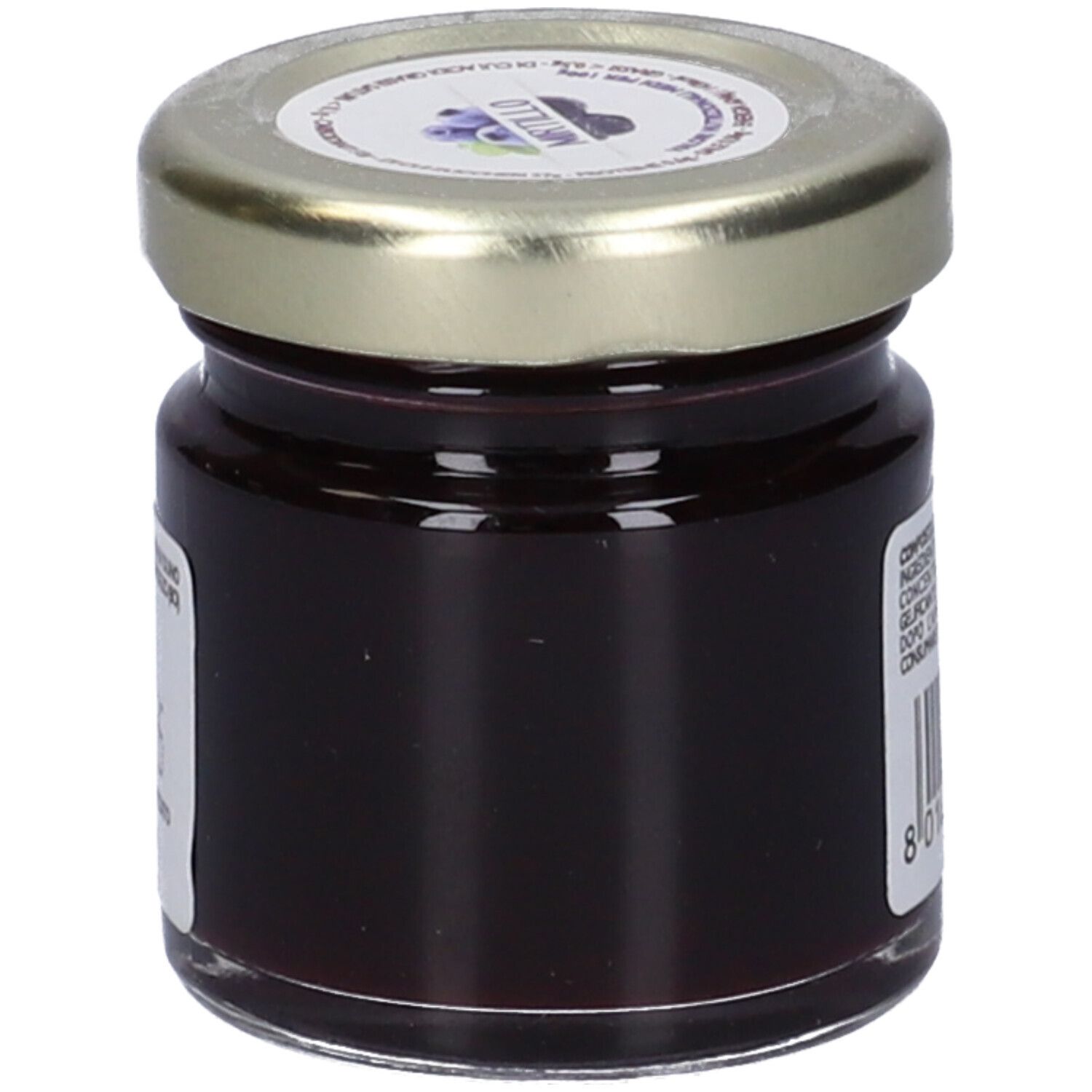 Vasetto di confettura di mirtilli. Coperchio dorato. Etichetta non visibile. 40g.