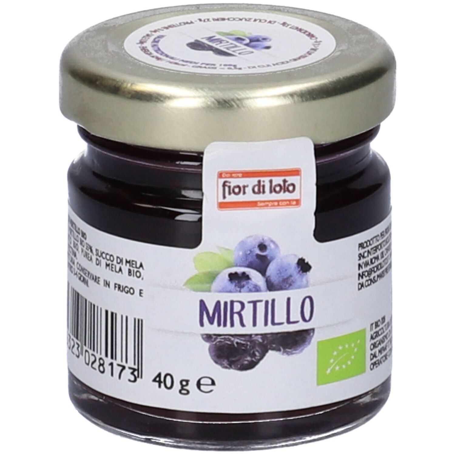 Vasetto di confettura di mirtilli. Etichetta con nome, logo e 40g. Certificazione bio.