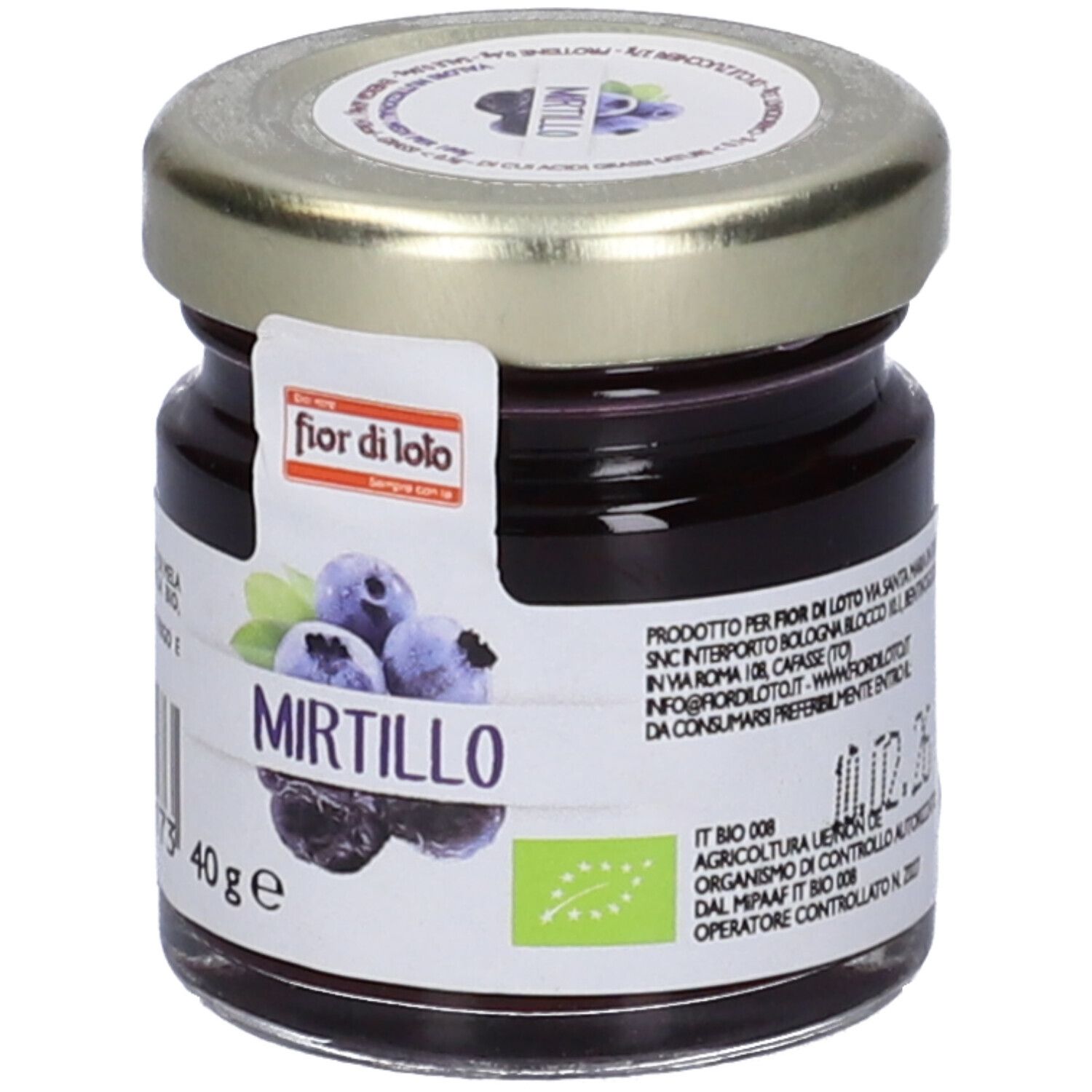 Vasetto di confettura di mirtilli. Etichetta con nome, logo e 40g. Certificazione bio.