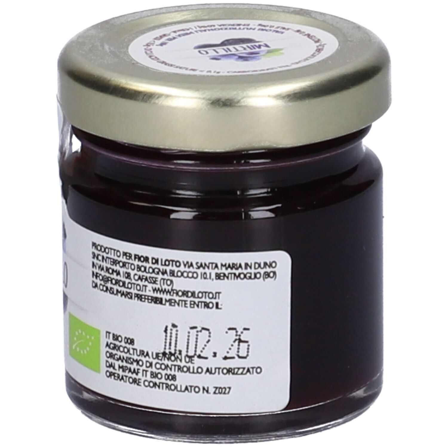 Vasetto di confettura di mirtilli. Retro con informazioni e 40g. Certificazione bio.