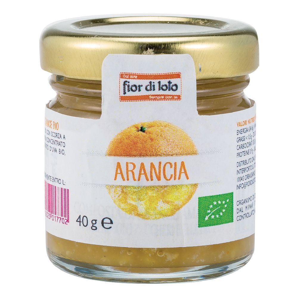 Vasetto di confettura di arance. Etichetta con "Arancia" e logo. 40g. Certificazione biologica.