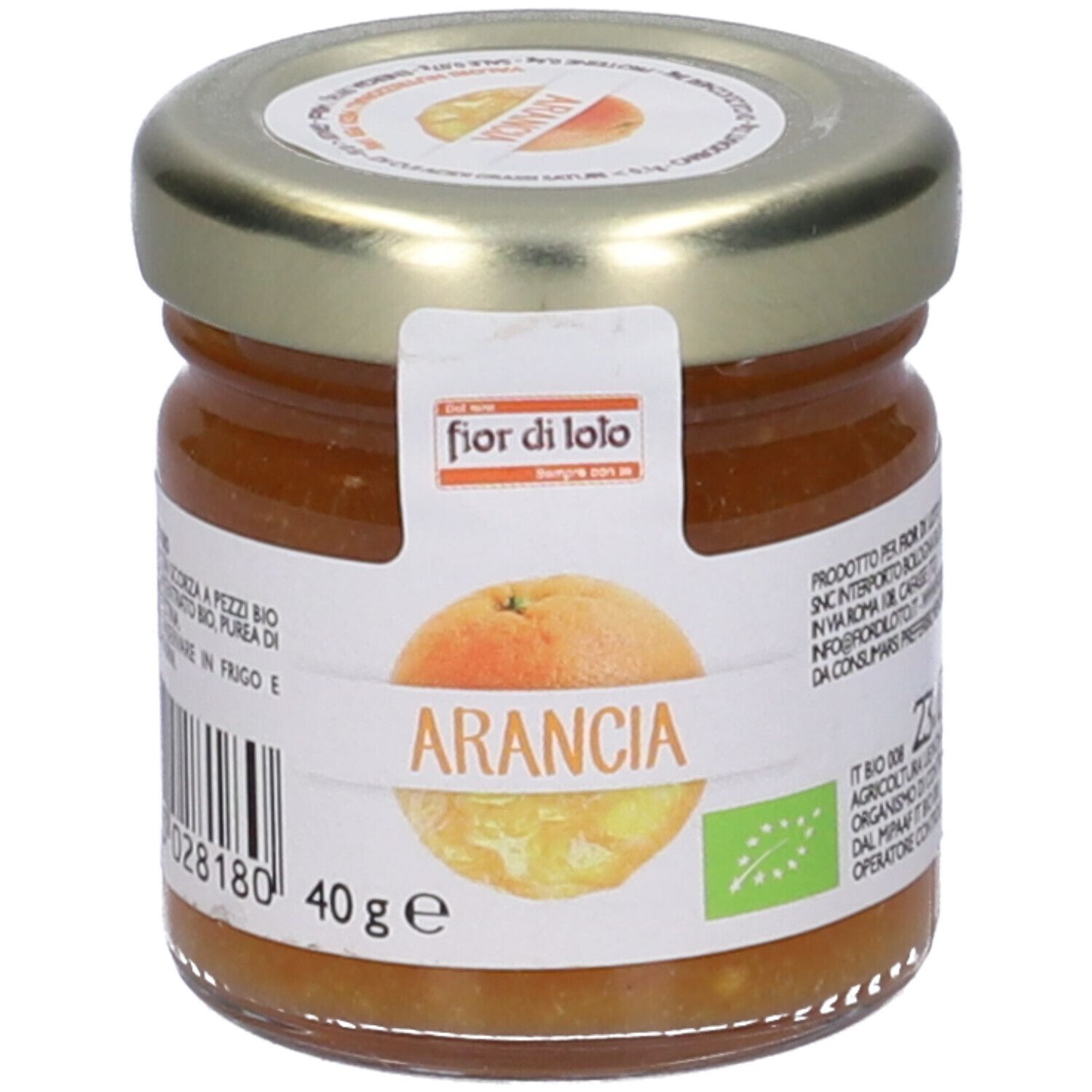 Vasetto di confettura di arance. Etichetta con "Arancia" e logo. 40g. Certificazione biologica.