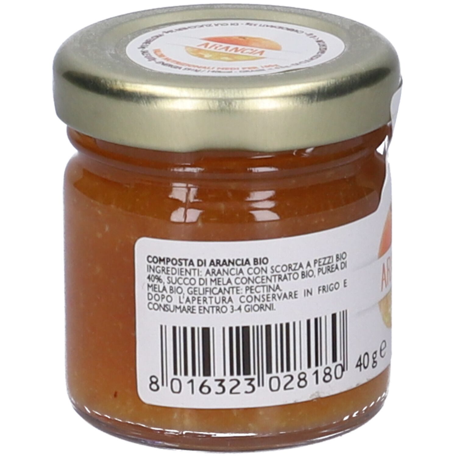 Vasetto di confettura di arance. Retro con elenco ingredienti e codice a barre. 40g.