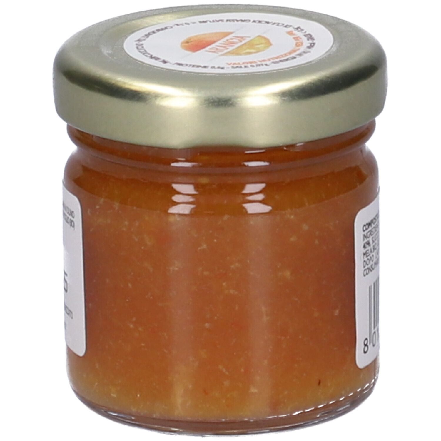 Vasetto di confettura di arance. Retro con elenco ingredienti e codice a barre. 40g.