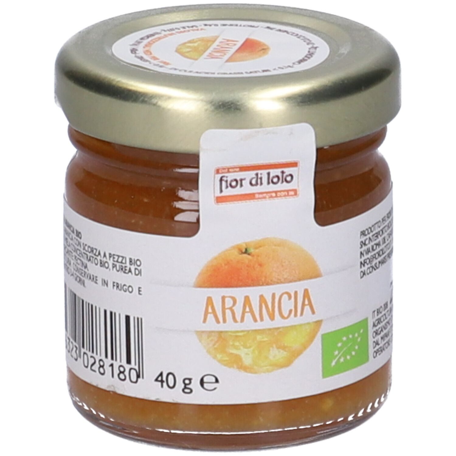 Vasetto di confettura di arance. Etichetta con "Arancia" e logo. 40g. Certificazione biologica.