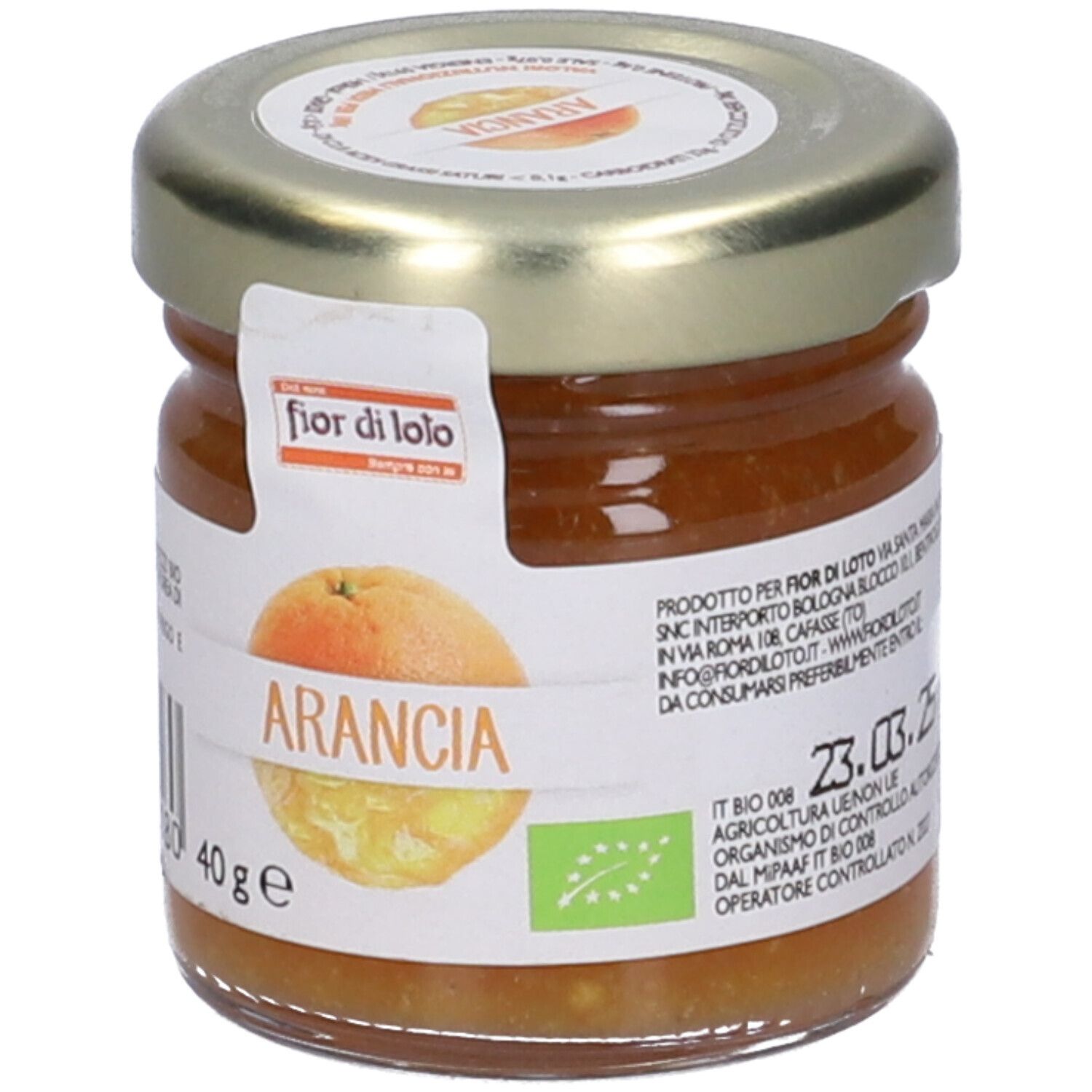 Vasetto di confettura di arance. Etichetta con "Arancia" e logo. 40g. Certificazione biologica. Scadenza.