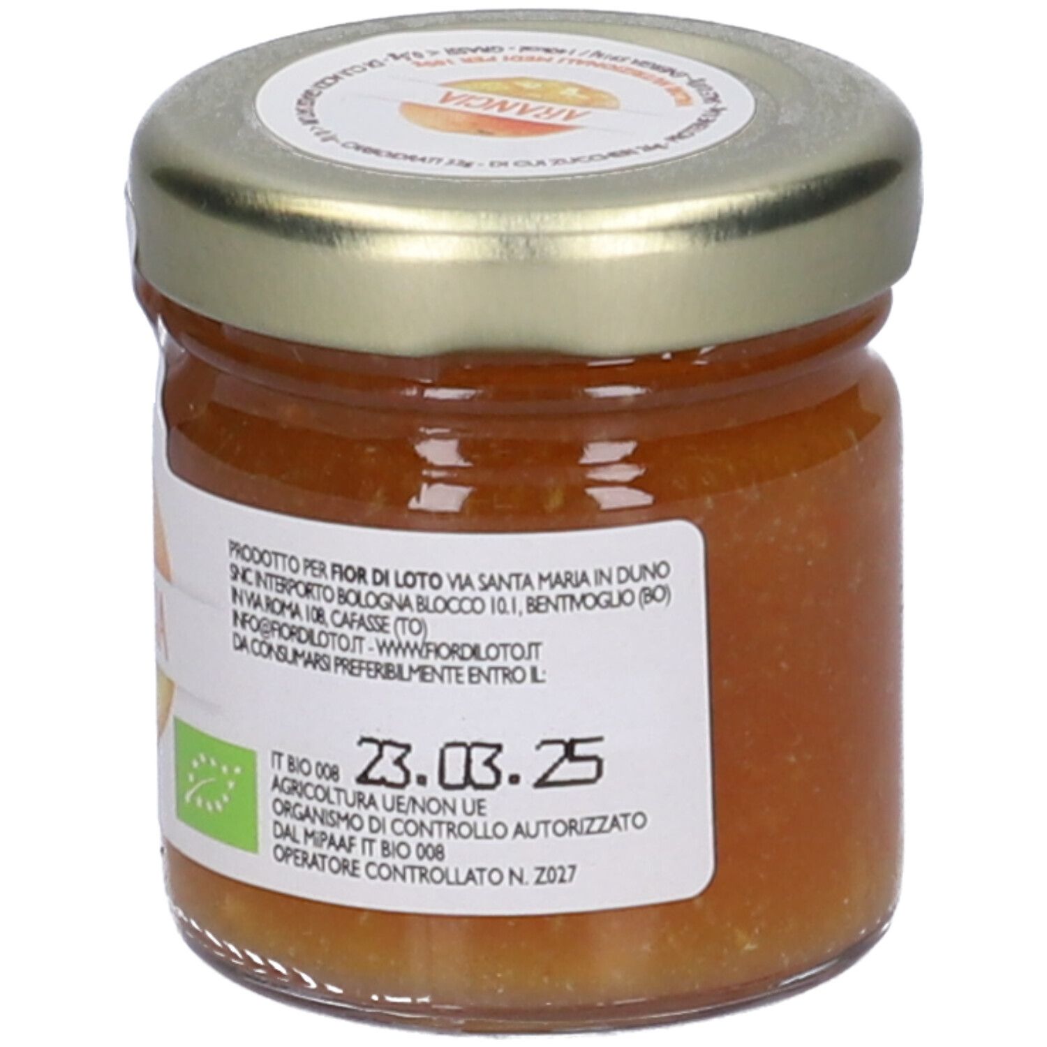 Vasetto di confettura di arance. Etichetta con "Arancia" e logo. 40g. Certificazione biologica. Scadenza.