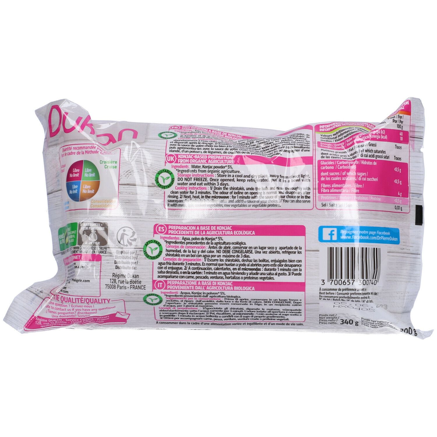 Retro della confezione di Shirataki de Konjac Dukan. Testo multilingue. Informazioni nutrizionali e istruzioni per la preparazione.