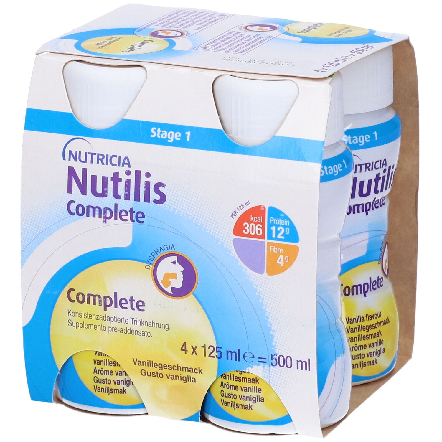Confezione da quattro bottiglie Nutilis Complete. Gusto vaniglia. Stage 1. Informazioni nutrizionali.