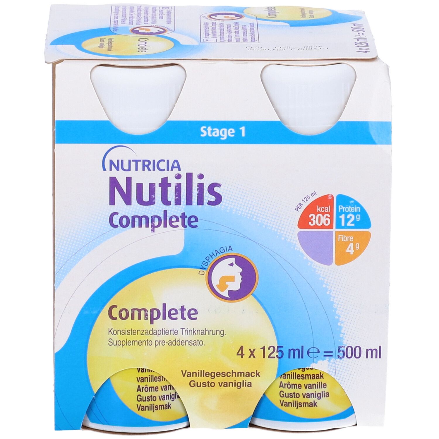 Confezione da quattro bottiglie Nutilis Complete. Informazioni nutrizionali. Stage 1.