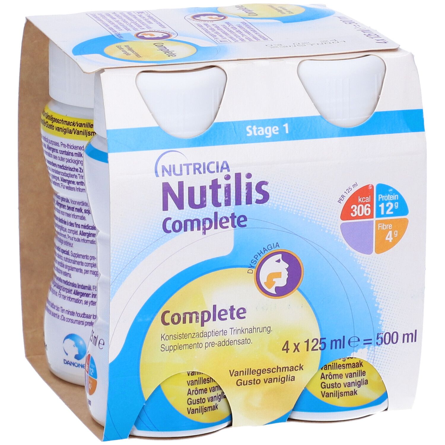 Confezione da quattro bottiglie Nutilis Complete. Fronte con informazioni. Stage 1.