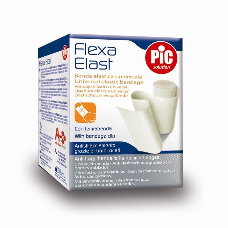 Confezione di Flexa Elast, benda elastica universale con clip. Logo PIC Solution. Bianco e blu.