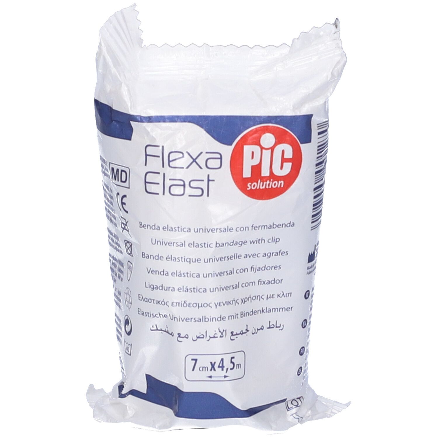 Flexa Elast, benda elastica universale con clip, confezionata. Logo PIC Solution. 7cm x 4,5m.