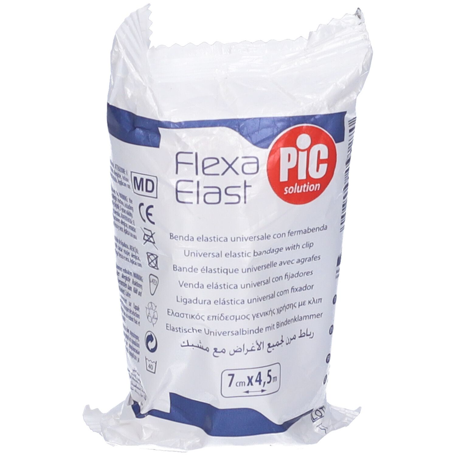 Flexa Elast, benda elastica universale con clip, confezionata. Logo PIC Solution. 7cm x 4,5m.