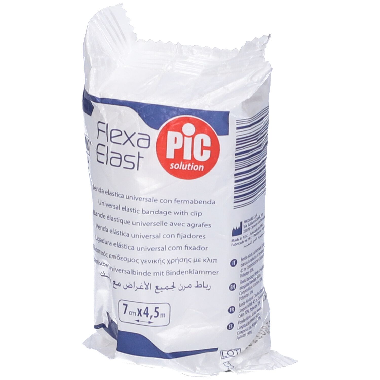 Flexa Elast, benda elastica universale con clip, confezionata. Logo PIC Solution. 7cm x 4,5m.