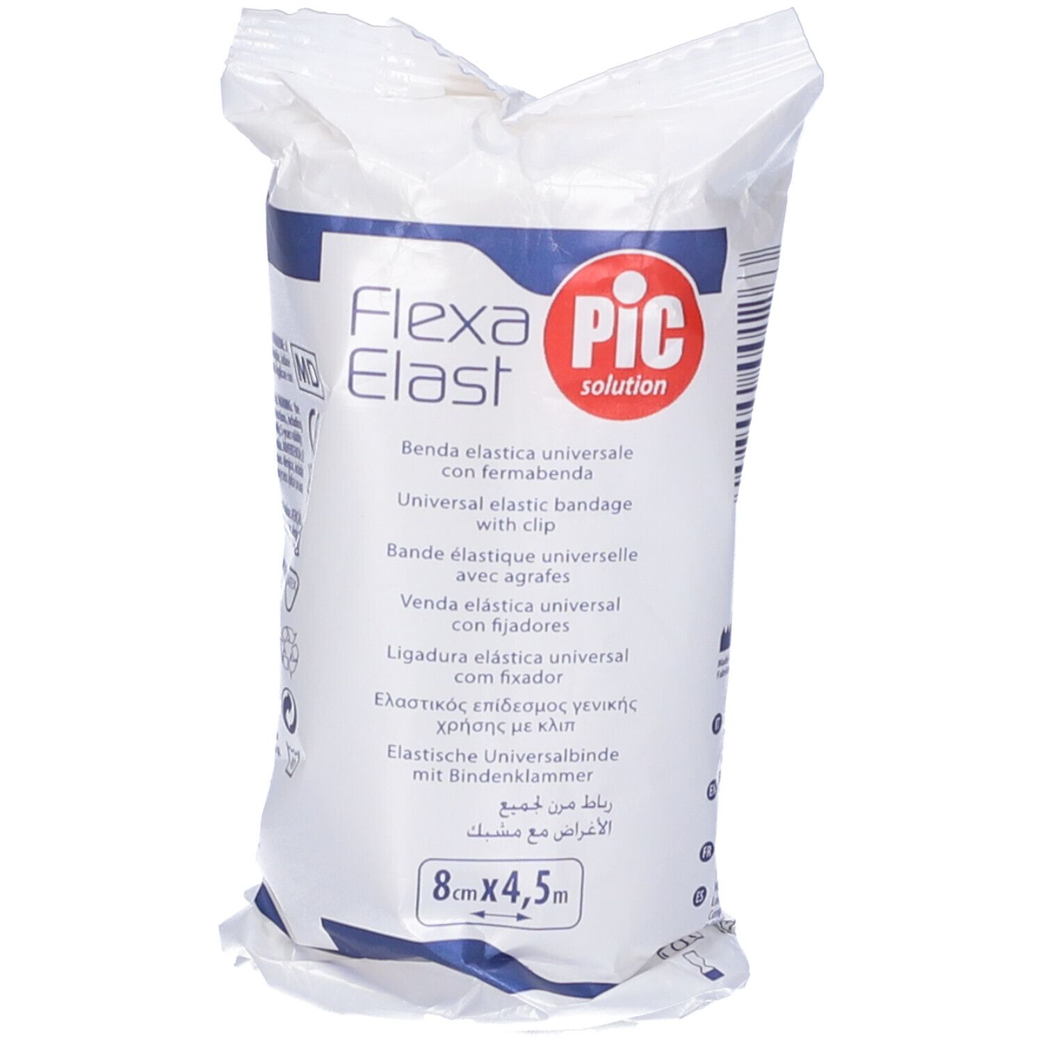 Confezione in plastica di Flexa Elast, benda elastica universale. Marchio PIC Solution. Dimensioni: 8cm x 4,5m. Testo multilingue.