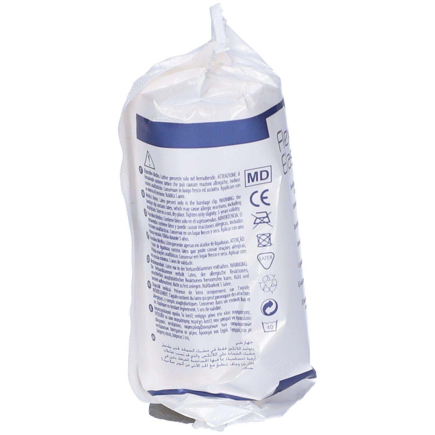 Retro della confezione in plastica di Flexa Elast, benda elastica. Testo multilingue, marchio CE, simboli di riciclaggio.
