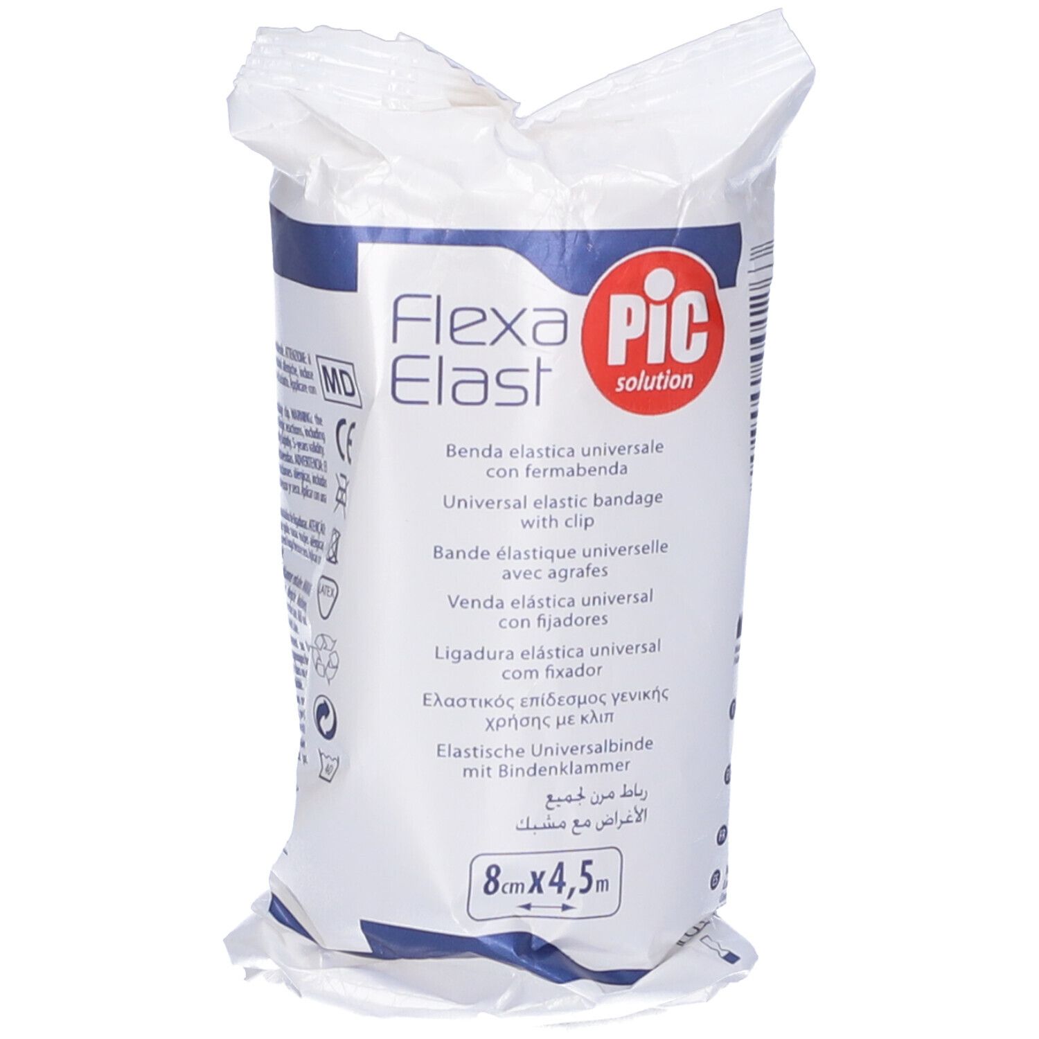Confezione in plastica di Flexa Elast, benda elastica universale. Marchio PIC Solution. Dimensioni: 8cm x 4,5m. Testo multilingue.